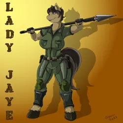 Size: 900x900 | Tagged: safe, artist:quicktron, derpibooru import, ponified, anthro, pony, unguligrade anthro, anthrofied, big breasts, breasts, clothes, female, g.i. joe, image, javelin, jumpsuit, lady jaye, military uniform, png, signature, smiling, solo, uniform, weapon