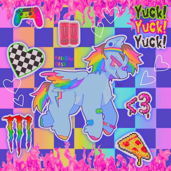 Size: 1440x1440 | Tagged: safe, artist:ariariari.png, derpibooru import, rainbow dash, pegasus, pony, alternate hairstyle, bandaid, bandaid on nose, bracelet, colored hooves, colored wings, ear piercing, headband, image, jewelry, jpeg, multicolored hair, multicolored wings, piercing, redesign, wings