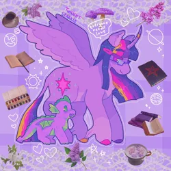 Size: 1440x1440 | Tagged: safe, artist:ariariari.png, derpibooru import, spike, twilight sparkle, twilight sparkle (alicorn), alicorn, dragon, pony, baby, baby dragon, colored hooves, duo, hairclip, horn, horn ring, image, jewelry, jpeg, leonine tail, redesign, ring, spread wings, tail, unshorn fetlocks, wings