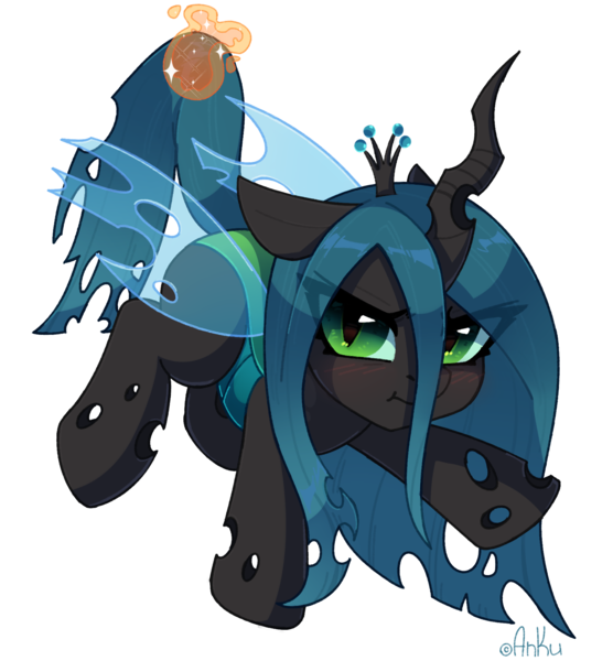 Size: 1852x2000 | Tagged: safe, artist:anku, derpibooru import, queen chrysalis, changeling, changeling queen, angry, blushing, chibi, cute, cutealis, eye clipping through hair, female, image, madorable, magic, png, prehensile tail, signature, simple background, solo, tail, tail hold, telekinesis, transparent background