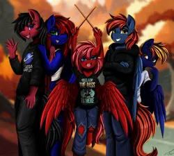 Size: 2048x1842 | Tagged: safe, artist:pridark, derpibooru import, oc, oc:fable prose, oc:firewire, oc:gloaming flare, oc:neon sol, oc:night coder, unofficial characters only, anthro, pegasus, unguligrade anthro, breasts, family photo, female, half-siblings, image, jpeg, looking at you, male, one eye closed, ranchtown, wings