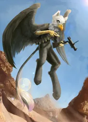 Size: 2983x4096 | Tagged: safe, artist:blvckmagic, derpibooru import, oc, unofficial characters only, gryphon, hybrid, pony, bandolier, desert, flying, grenade launcher, image, jpeg, m79, male, reloading, solo, weapon