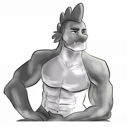 Size: 2062x2062 | Tagged: safe, artist:flutterpawss, derpibooru import, spike, dragon, adult, adult spike, clothes, gigachad, gigachad spike, image, jpeg, male, meme, monochrome, muscles, muscular male, older, older spike, partial nudity, sitting, smiling, solo, topless