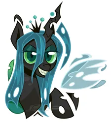 Size: 1017x1130 | Tagged: safe, artist:imaplatypus, derpibooru import, queen chrysalis, changeling, changeling queen, bust, evil grin, female, grin, image, png, portrait, signature, simple background, smiling, solo, white background