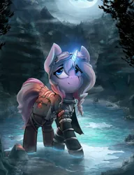 Size: 2092x2719 | Tagged: safe, artist:blvckmagic, derpibooru import, oc, unofficial characters only, pony, unicorn, bag, clothes, dungeons and dragons, female, glow, glowing horn, goggles, goggles on head, horn, image, jpeg, lake, magic, moon, mountain, pen and paper rpg, rpg, saddle bag, water