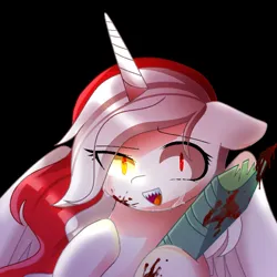 Size: 640x640 | Tagged: semi-grimdark, artist:diniarvegafinahar, derpibooru import, oc, oc:indonisty, ponified, unofficial characters only, alicorn, pony, bamboo, black background, blood, female, image, indonesia, looking at you, mare, nation ponies, open mouth, png, sharp teeth, simple background, solo, teeth