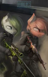 Size: 1875x3000 | Tagged: safe, artist:blvckmagic, derpibooru import, oc, unofficial characters only, earth pony, pegasus, semi-anthro, clothes, counter-strike: global offensive, earth pony oc, gun, image, jpeg, male, pegasus oc, rifle, sniper rifle, uniform, weapon, wings