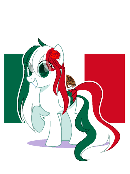 Size: 720x960 | Tagged: safe, artist:diniarvegafinahar, derpibooru import, ponified, pegasus, pony, colored wings, female, flag, flower, flower in hair, image, looking at you, mare, mexico, multicolored wings, nation ponies, png, simple background, smiling, solo, white background, wings