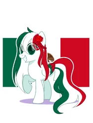Size: 720x960 | Tagged: safe, artist:diniarvegafinahar, derpibooru import, ponified, pegasus, pony, colored wings, female, flag, flower, flower in hair, image, looking at you, mare, mexico, multicolored wings, nation ponies, png, simple background, smiling, solo, white background, wings