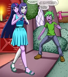 Size: 3410x3868 | Tagged: safe, artist:artemis-polara, derpibooru import, rarity, spike, twilight sparkle, human, equestria girls, breasts, busty rarity, busty twilight sparkle, cleavage, clothes, commission, conjoined, dress, equestria girls interpretation, equestria girls-ified, feet, fusion, golden oaks library, image, levitation, library, magic, multiple heads, nail polish, open-toed shoes, png, remake, scene interpretation, shoes, speech bubble, spell gone wrong, telekinesis, toenail polish, toenails, toes, two heads, two heads are better than one, we have become one