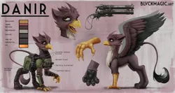 Size: 4096x2181 | Tagged: safe, artist:blvckmagic, derpibooru import, oc, unofficial characters only, gryphon, armor, concave belly, double barreled shotgun, griffon oc, gun, image, jpeg, reference sheet, shotgun, solo, weapon