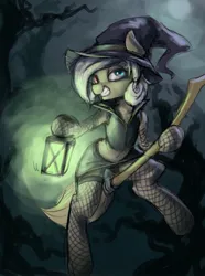 Size: 1152x1552 | Tagged: safe, artist:blvckmagic, derpibooru import, oc, unofficial characters only, earth pony, belly, belly button, broom, clothes, costume, earth pony oc, female, fishnets, flying, flying broomstick, forest, halloween, halloween costume, hat, heterochromia, holiday, image, jpeg, lantern, moon, night, solo, tree, witch, witch hat