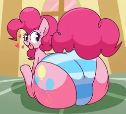Size: 2556x2307 | Tagged: suggestive, artist:gravtitty, derpibooru import, pinkie pie, earth pony, pony, ass, balloonbutt, butt, clothes, female, heart, image, large butt, looking back, panties, plot, png, presenting, sitting, solo, solo female, striped underwear, tongue out, underwear