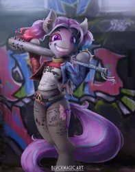 Size: 2360x3000 | Tagged: safe, artist:blvckmagic, derpibooru import, oc, oc:platinum wing, unofficial characters only, earth pony, semi-anthro, baseball bat, belt, bracelet, clothes, costume, dc comics, ear piercing, earth pony oc, female, fishnets, graffiti, halloween, halloween costume, harley quinn, holiday, image, jpeg, lipstick, makeup, piercing, pigtails, solo, spiked wristband, tattoo, twintails, wristband