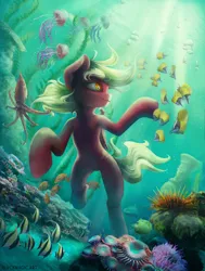 Size: 2180x2886 | Tagged: safe, artist:blvckmagic, derpibooru import, oc, oc:picture perfect, unofficial characters only, bat pony, fish, jellyfish, octopus, pony, bat pony oc, bat wings, belly, commission, crepuscular rays, digital art, female, flowing mane, flowing tail, image, jpeg, mare, ocean, orange eyes, scenery, scenery porn, seaweed, smiling, solo, solo focus, sunlight, swimming, tail, underwater, water, wings