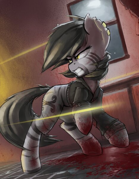 Size: 1280x1642 | Tagged: semi-grimdark, artist:blvckmagic, derpibooru import, oc, oc:phisa, pony, zebra, fallout equestria, fanfic:fallout equestria: dead end, blood, clothes, ear piercing, female, gunfire, image, jpeg, mare, piercing, solo, zebra oc