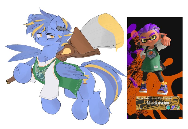 Size: 3700x2547 | Tagged: safe, artist:madiwann, derpibooru import, screencap, oc, oc:shining trophy, unofficial characters only, inkling, pegasus, pony, blue mane, brush, clothes, image, jpeg, male, smiling, splatoon, stallion