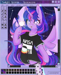 Size: 1589x1944 | Tagged: safe, artist:musicfirewind, derpibooru import, twilight sparkle, twilight sparkle (alicorn), alicorn, semi-anthro, clothes, image, jpeg, ms paint, nasa, open mouth, out of frame, shirt, socks, solo, spacecore, spread wings, synthwave, underhoof, wings