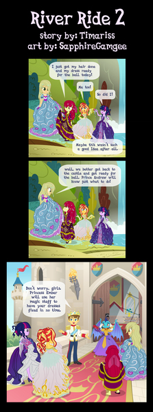 Size: 1116x3000 | Tagged: safe, artist:sapphiregamgee, derpibooru import, apple bloom, applejack, princess ember, sunset shimmer, twilight sparkle, twilight sparkle (alicorn), oc, alicorn, dragon, human, equestria girls, bloodstone scepter, castle, clothes, comic, commission, dress, gown, image, jpeg, river, water, waterfall, wet clothes, wet hair