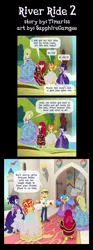 Size: 1116x3000 | Tagged: safe, artist:sapphiregamgee, derpibooru import, apple bloom, applejack, princess ember, sunset shimmer, twilight sparkle, twilight sparkle (alicorn), oc, alicorn, dragon, human, equestria girls, bloodstone scepter, castle, clothes, comic, commission, dress, gown, image, jpeg, river, water, waterfall, wet clothes, wet hair