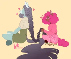 Size: 808x672 | Tagged: safe, artist:spookierdeer, derpibooru import, oc, unofficial characters only, anthro, earth pony, unguligrade anthro, braid, braiding, eyes closed, female, floating heart, frog (hoof), heart, image, lesbian, long hair, long tail, png, shipping, simple background, sitting, tail, underhoof, yellow background