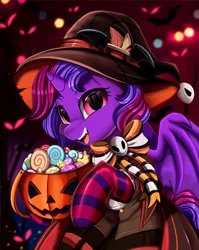 Size: 2550x3209 | Tagged: safe, artist:pridark, derpibooru import, oc, oc:violet rose ze vampony, unofficial characters only, pony, undead, vampire, vampony, candy, clothes, food, halloween, hat, holiday, image, latex, latex socks, png, pumpkin bucket, socks, solo, striped socks, witch hat