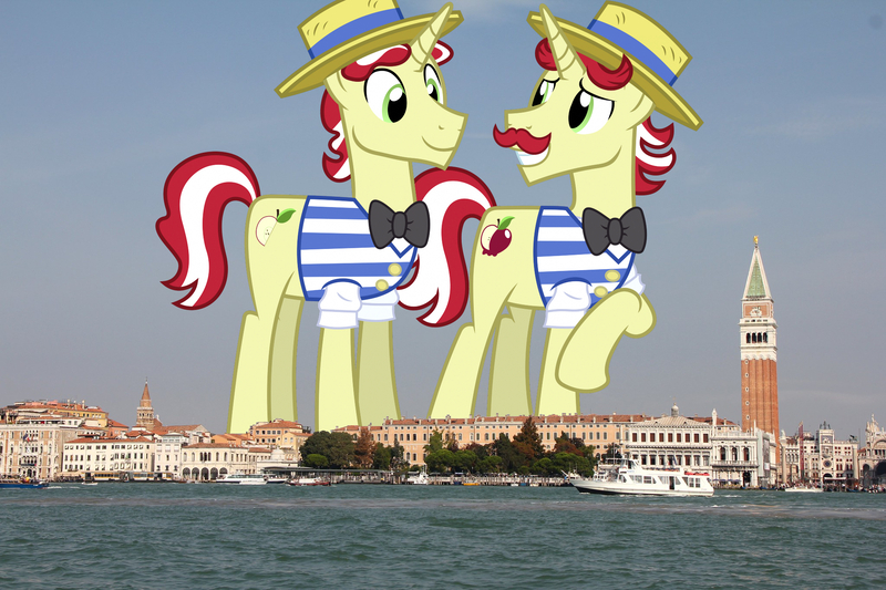 Size: 2048x1365 | Tagged: safe, artist:90sigma, derpibooru import, edit, editor:jaredking779, flam, flim, pony, unicorn, bowtie, brothers, clothes, facial hair, flim flam brothers, giant pony, hat, highrise ponies, image, irl, italy, jpeg, macro, male, moustache, photo, ponies in real life, siblings, stallion, story included, venice