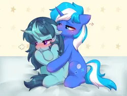 Size: 4000x3000 | Tagged: artist needed, source needed, safe, derpibooru import, oc, oc:aurora july, oc:moonlightbenighted, unofficial characters only, pony, unicorn, biting, blushing, duo, ear bite, female, high res, horn, image, mare, png, unicorn oc