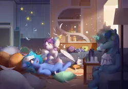 Size: 5000x3500 | Tagged: safe, artist:erenrat_yun, derpibooru import, oc, oc:aurora july, oc:moonlightbenighted, oc:心音, unofficial characters only, family, image, jpeg, pillow, pillow fight