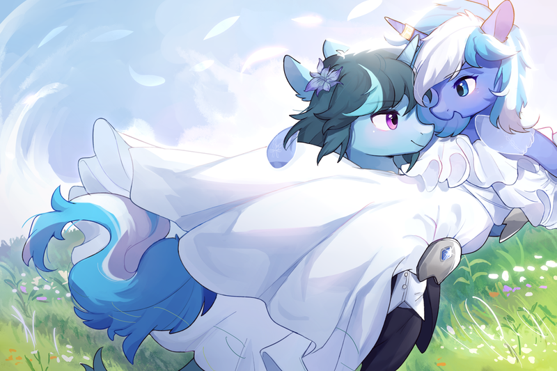 Size: 3000x2000 | Tagged: safe, artist:猞塔, derpibooru import, oc, oc:aurora july, oc:moonlightbenighted, unofficial characters only, unicorn, clothes, dress, image, jewelry, marriage, png, ring, wedding, wedding dress, wedding ring