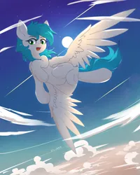 Size: 2400x3000 | Tagged: safe, artist:zylgchs, derpibooru import, oc, oc:cynosura, unofficial characters only, pony, cloud, female, flying, image, looking at you, mare, png, solo, spread wings, underhoof, vertigo, wings