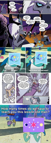 Size: 1080x3020 | Tagged: safe, derpibooru import, idw, grubber, king diomedes, storm king, strife, swift foot, terri belle, pony, storm creature, my little pony: the movie, spoiler:comic, spoiler:comic mlp movie prequel, spoiler:comicfeatsoffriendship03, comic, flag, image, meme, my little pony: the movie prequel, png, spongebob squarepants, storm guard, the bully, thrace, thracian
