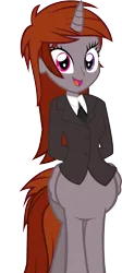 Size: 897x2000 | Tagged: safe, artist:razoruniboop, derpibooru import, oc, oc:funny jo, unofficial characters only, alicorn, centaur, taur, equestria girls, alitaur, business suit, centaur oc, clothes, female, hands behind back, happy, heterochromia, horn, image, necktie, open mouth, png, simple background, solo, transparent background, wings