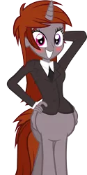 Size: 1000x2000 | Tagged: safe, artist:razoruniboop, derpibooru import, oc, oc:funny jo, unofficial characters only, alicorn, centaur, taur, equestria girls, alitaur, arm behind head, blushing, business suit, centaur oc, clothes, female, grin, hand on hip, heterochromia, horn, image, necktie, png, proud, simple background, smiling, solo, transparent background, wings
