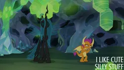 Size: 1978x1125 | Tagged: safe, derpibooru import, edit, edited screencap, editor:quoterific, screencap, ocellus, queen chrysalis, smolder, what lies beneath, image, png, queen chrysellus
