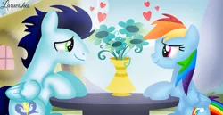 Size: 1980x1020 | Tagged: safe, artist:mlplary6, derpibooru import, rainbow dash, soarin', pegasus, pony, date, female, flower, heart, image, looking at each other, looking at someone, love, male, mare, png, romantic, shipping, sitting, smiling, smiling at each other, soarindash, stallion, straight, table