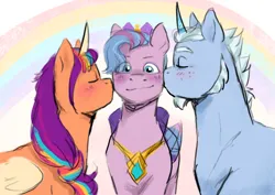 Size: 4132x2919 | Tagged: safe, artist:daisy_marshmallow, derpibooru import, queen haven, sunny starscout, alicorn, pegasus, pony, unicorn, g5, my little pony: a new generation, alphabittle blossomforth, alphahaven, colored sketch, female, image, kiss on the cheek, kissing, lesbian, male, png, race swap, shipping, sketch, straight, sunnycorn, sunnyhaven, trio