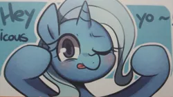 Size: 1040x585 | Tagged: safe, artist:maren, derpibooru import, trixie, pony, unicorn, :p, blushing, bust, dialogue, female, hooves up, image, jpeg, looking at you, mare, old art, one eye closed, solo, tongue out, yo