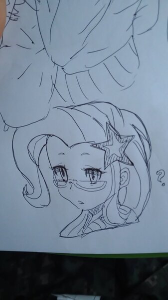 Size: 1170x2080 | Tagged: safe, artist:maren, derpibooru import, trixie, equestria girls, anime, bust, doodle, female, glasses, image, jpeg, old art, portrait, question mark, solo, traditional art