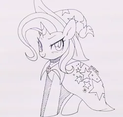 Size: 1216x1152 | Tagged: safe, artist:maren, derpibooru import, trixie, pony, unicorn, cape, clothes, female, hat, image, jpeg, mare, old art, sitting, smiling, smug, solo, traditional art, trixie's cape, trixie's hat