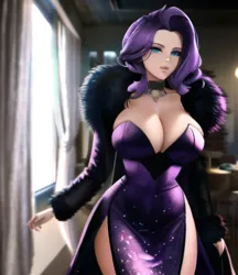 Size: 542x628 | Tagged: suggestive, derpibooru import, machine learning generated, novelai, stable diffusion, rarity, human, absolute cleavage, ai content, big breasts, breasts, busty rarity, cleavage, clothes, dress, female, huge breasts, image, looking at you, png, solo, solo female