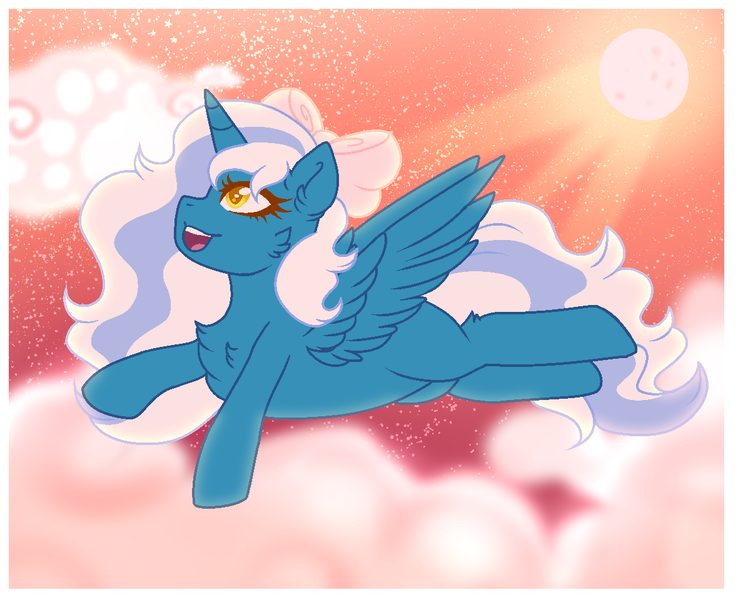 Size: 1180x960 | Tagged: safe, artist:mh-adopts, derpibooru import, oc, oc:fleurbelle, unofficial characters only, alicorn, pony, alicorn oc, bow, cloud, female, flying, hair bow, horn, image, mare, png, sky, solo, wingding eyes, wings, yellow eyes