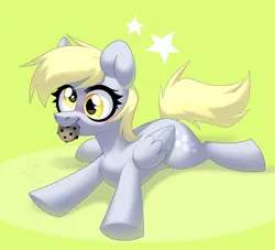 Size: 3300x3000 | Tagged: safe, artist:rtootb, derpibooru import, derpy hooves, pegasus, pony, :3, chibi, cookie, cross-eyed, cute, cutie mark, daaaaaaaaaaaw, derp, derpy being derpy, digital art, ears up, eyes open, fanart, female, floppy ears, fluffy mane, fluffy tail, folded wings, food, glare, green background, happy, image, lineart, lying down, mare, mouth hold, owo, png, relaxing, simple background, smiling, soft color, solo, solo female, stars, tail, wings