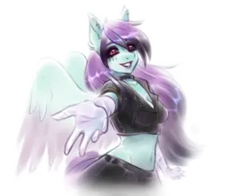 Size: 1500x1300 | Tagged: safe, artist:serodart, derpibooru import, oc, oc:#c0ffee, unofficial characters only, anthro, pegasus, black sclera, breasts, choker, cleavage, clothes, cosplay, costume, emo, female, gloves, image, piercing, png, rule 63, simple background, sketch, skirt, smiling, solo, white background, wings, yakuza