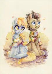 Size: 853x1200 | Tagged: safe, artist:maytee, derpibooru import, derpy hooves, doctor whooves, time turner, earth pony, pegasus, pony, autumn, autumn leaves, blushing, clothes, colored pencil drawing, doctorderpy, duo, female, fourth doctor's scarf, image, leaf, leaves, male, png, scarf, shared clothing, shared scarf, shipping, straight, striped scarf, traditional art