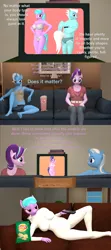 Size: 1920x4320 | Tagged: suggestive, artist:papadragon69, derpibooru import, azure velour, cookie crumbles, fleetfoot, starlight glimmer, trixie, anthro, 3d, chips, clothes, comic, couch, food, image, lingerie, onesie, png, popcorn, remote, source filmmaker, television