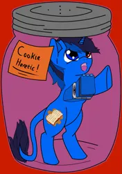 Size: 703x1000 | Tagged: safe, artist:mazz, derpibooru import, oc, oc:bluethecake, cyborg, pony, unicorn, heterochromia, image, jar, male, oh no, png, stallion