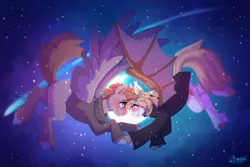 Size: 3000x2000 | Tagged: safe, artist:lionbun, derpibooru import, oc, oc:honey milk, oc:jarvis, bat pony, pegasus, pony, art trade, blushing, clothes, couple, cute, female, flying, image, jacket, male, mare, moon, night, night sky, png, shooting star, sky, stallion, wholesome