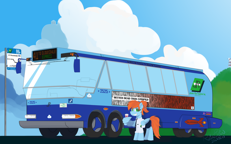 Size: 5120x3200 | Tagged: safe, artist:rain bow, derpibooru import, oc, oc:morning star, pegasus, pony, fallout equestria, building, bus, bus stop, cable, clothes, cloud, cloudsdale, coffee, coffee cup, cup, female, grass, grass field, hill, image, looking at you, ministry of image, necktie, nimbus, png, ponytail, radio tower, road, scenery, shirt, shorts, sky, smiling, solo, temple, uniform, vehicle, wing hands, wing hold, wings