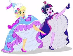 Size: 300x229 | Tagged: safe, artist:sapphiregamgee, derpibooru import, applejack, twilight sparkle, equestria girls, can-can, clothes, dress, froufrou glittery lacy outfit, gown, high heels, image, jpeg, petticoat, princess, princess applejack, shoes, simple background, white background